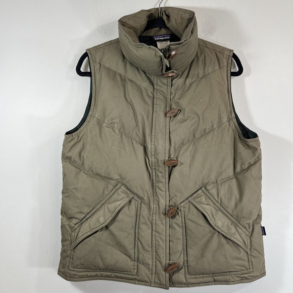 Patagonia Olive Green‎ Mock Neck Down Filled Toggle Button Vest Women's Large - Picture 1 of 11